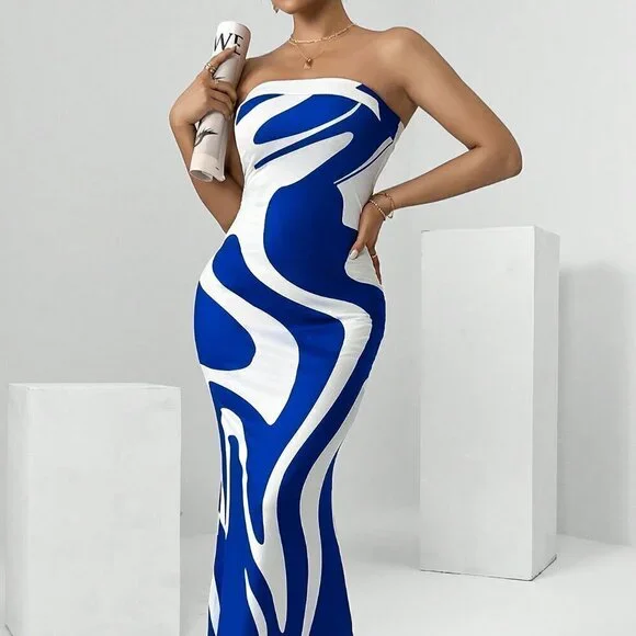 Blue Preppy Womens Graphic Two Tone Bodycon Tube Dress - Picture 3 of 5
